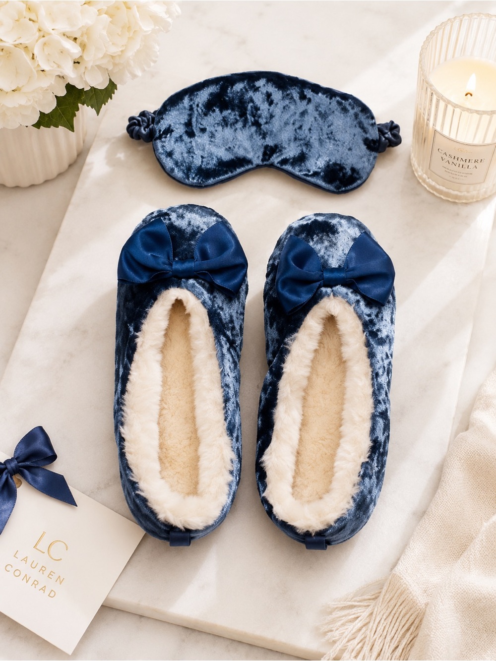 LC Lauren Conrad Blue Velvet Slippers Sleep Mask Set Cozy Luxe Spa Gift NWT S XL